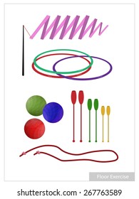 Illustration Collection of Rhythmic Gymnastic Equipments, Clubs, Ball, Hoop, Ribbon and Rope for Professional Artistic Gymnastic Challenge.
