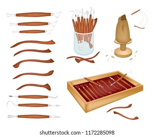 Illustration Collection of Sculpting Tools Used To Cut and Sculpt The Clay for Create A Sculpture Isolated on White Background.