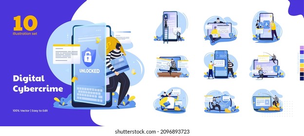 Illustration collection set of digital theft or cybercrime concept