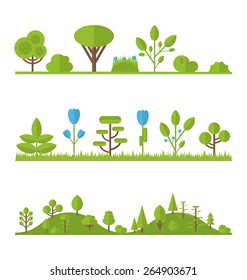 Illustration collection set flat icons tree, pine, oak, spruce, fir, garden bush isolated on white - vector 