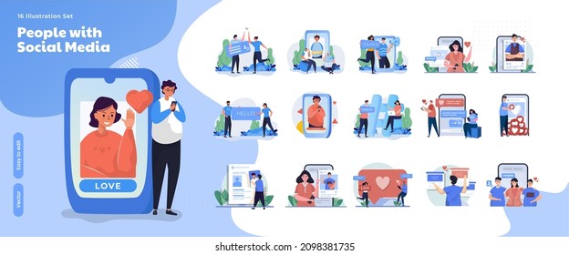 Illustration collection set of people on social media network