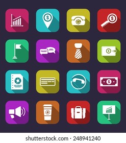 Illustration collection simple flat icons of business and financial items, with long shadows - vector