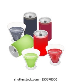 An Illustration Collection of Soft Drink and Soda in Various Flavours and Colors in Glass and Metal Cans 