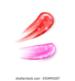 Illustration of a collection of strokes of liquid lipsticks, pink liquid lipstick with glitter texture on white background. Design elements for promotion of decorative cosmetics, Vector format