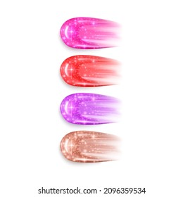 Illustration of a collection of strokes of liquid lipsticks, pink liquid lipstick with glitter texture on white