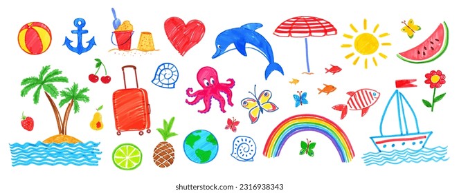 Illustration collection of summer seaside vacation isolated child drawings