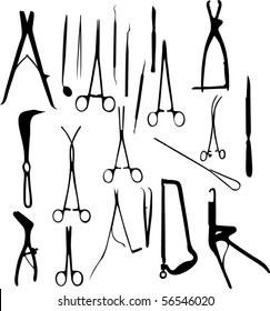 illustration with collection of surgical instruments silhouettes