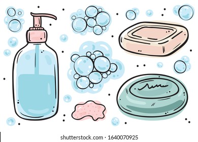 Illustration collection of types of soap. Bars of solid soap and liquid soap in a bottle with a dispenser.