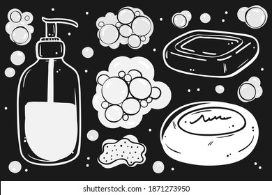 Illustration collection of types of soap. Bars of solid soap and liquid soap in a bottle with a dispenser. White outline on black background. Doodle style.