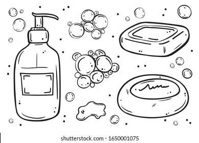 Illustration collection of types of soap. Black outline bars of solid soap and liquid soap in a bottle with a dispenser.