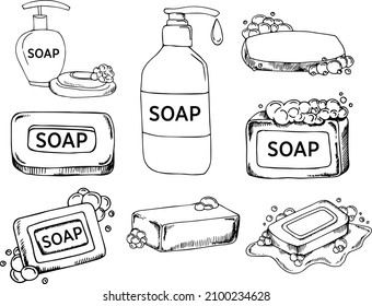 Illustration collection of types of soap. Black outline bars of solid soap and liquid soap in a bottle with a dispenser.