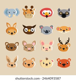 illustration of a collection of various 16 cute big and small animal heads for stickers