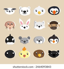 illustration of a collection of various 16 cute arctic animal heads for stickers