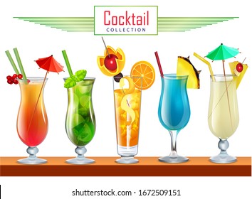 Illustration collection of various cocktails decorated with fruit tubes and umbrellas.