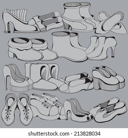 Illustration of a collection of various shoes. Monochrome version