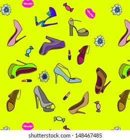 Illustration of a collection of various shoes on white background / seamless texture