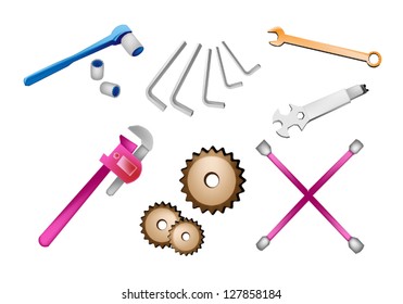 An Illustration Collection of Various Type of Auto Service and Repair Tools Kits Icons, Spanner, Gears, Pipe Wrench, Hex Keys, Socket Wrench and Lug Wrench Isolated on White Backgrounds