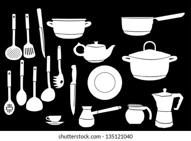 illustration with collection of ware isolated on black background