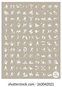 Illustration Collection of White Icon of 107 Winter and Summer Sport on Vintage Light Brown Background. 