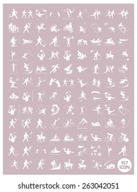 Illustration Collection of White Icon of 107 Winter and Summer Sport on Vintage Rosy Brown Background. 