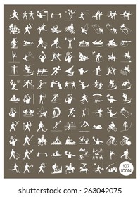 Illustration Collection of White Icon of 107 Winter and Summer Sport on Vintage Dark Brown Background. 