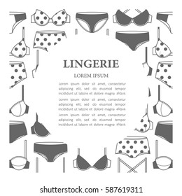 Illustration with collection of women's bras and panties. Black and white objects vector, lady's wardrobe. Set of women's lingerie, types of bras. Models of underwear for woman and text