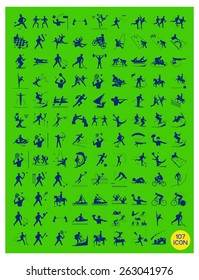 Illustration Collection of Yellow Icon of 107 Winter and Summer Sport on Green Background. 