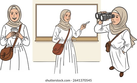 Illustration collection of a young professional or teacher in a hijab. Poses include presenting, a coffee break, and searching with binoculars for a business vision concept. Isolated style.