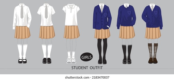 Illustration of college or high school student uniform. Set of clothes for girls and women.