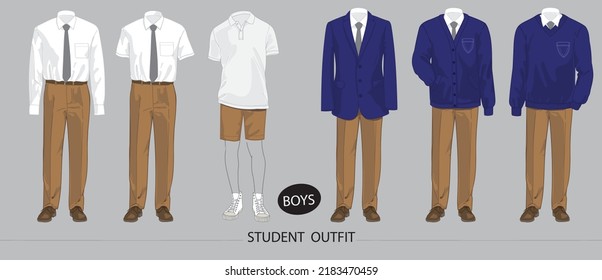 Illustration of college or high school student uniform. Set of clothes for boys and men.