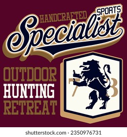 Illustration college Lion Heraldry text Specialist Sports Outdoor Hunting Retreat Shield Embroidered Style, Fashion color.