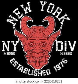 Illustration college mascot gargoyle with text New York Varsity fashion style.