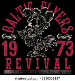 Illustration college with Rooster Mascot and text Baltic Silvers Revival Since 1973 Quality design Varsity model Cool Cartoon