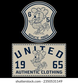 Illustration college with Rooster Mascot and text United Since 1965 Patchwork Varsity model Cool Cartoon
