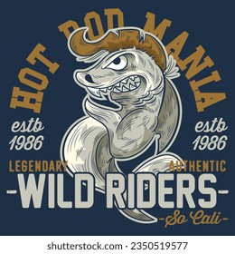 Illustration of college style with punk shark mascot and text Hot Road Mania Wild Riders, Legendary Authentic, Varsity design.  Cool Numbers svg