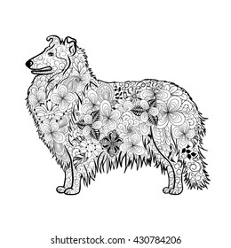 Illustration "Collie Dog" was created in doodling style in black and white colors.  Painted image is isolated on white background.  It  can be used for coloring books for adult.

