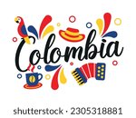 illustration of colombia with coffee cup and macaw accordion and hat .vector illustration