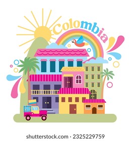 illustration of colombia with colorful houses and cute landscape .vector illustration