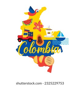 ilustración de colombia con adorables íconos. ilustración tricolor .vector