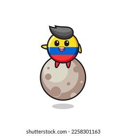 illustration of colombia flag badge cartoon sitting on the moon , cute style design for t shirt, sticker, logo element