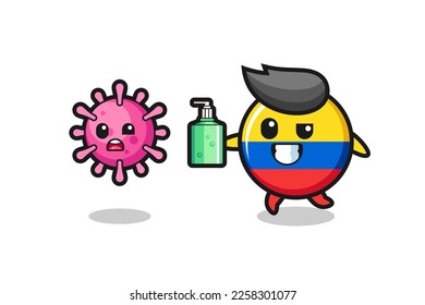 illustration of colombia flag badge character chasing evil virus with hand sanitizer , cute style design for t shirt, sticker, logo element