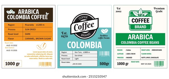  An illustration of Colombian Coffee Labels template simple flat style in cmyk mode with two tone color. The labels detail various coffee attributes such as origin, altitude, roast level, process, and