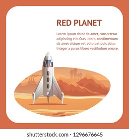 Illustration Colonization Red Planet Astronaut. Banner Vector Space Shuttle Arriving on Mars. Apparatus for Overcoming Long Distance. Scientific City to Explore New World. Conquest Outer Space
