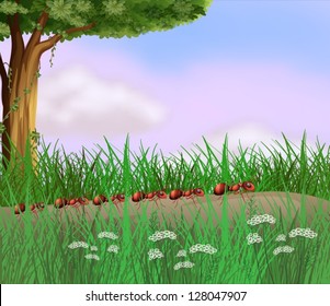 Illustration of a colony of ants crawling in the road