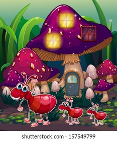 Illustration of a colony of ants near the mushroom house