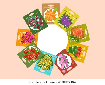 The illustration is in color. Bags of flower seeds in a circle with a place for the inscription. A bright postcard banner for your design.