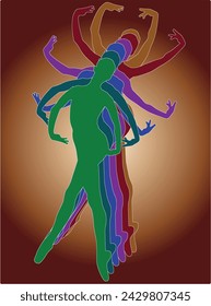 illustration with color ballet dancer silhouettes on dark red background