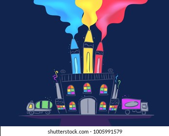 Illustration of a Color Fantasy Factory Producing Blue, Yellow and Red Smoke