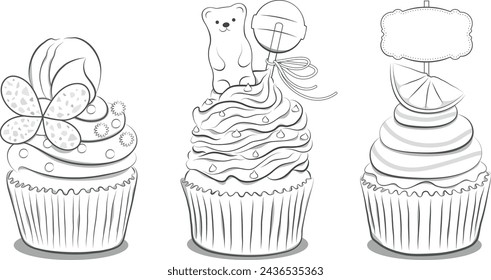 Illustration to color for gourmets, cupcake cakes decorated with fruits and sweets, black and white line illustration, coloring page to develop children's imagination and creativity.