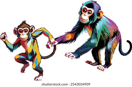 illustration with color monkeys isolated on white background